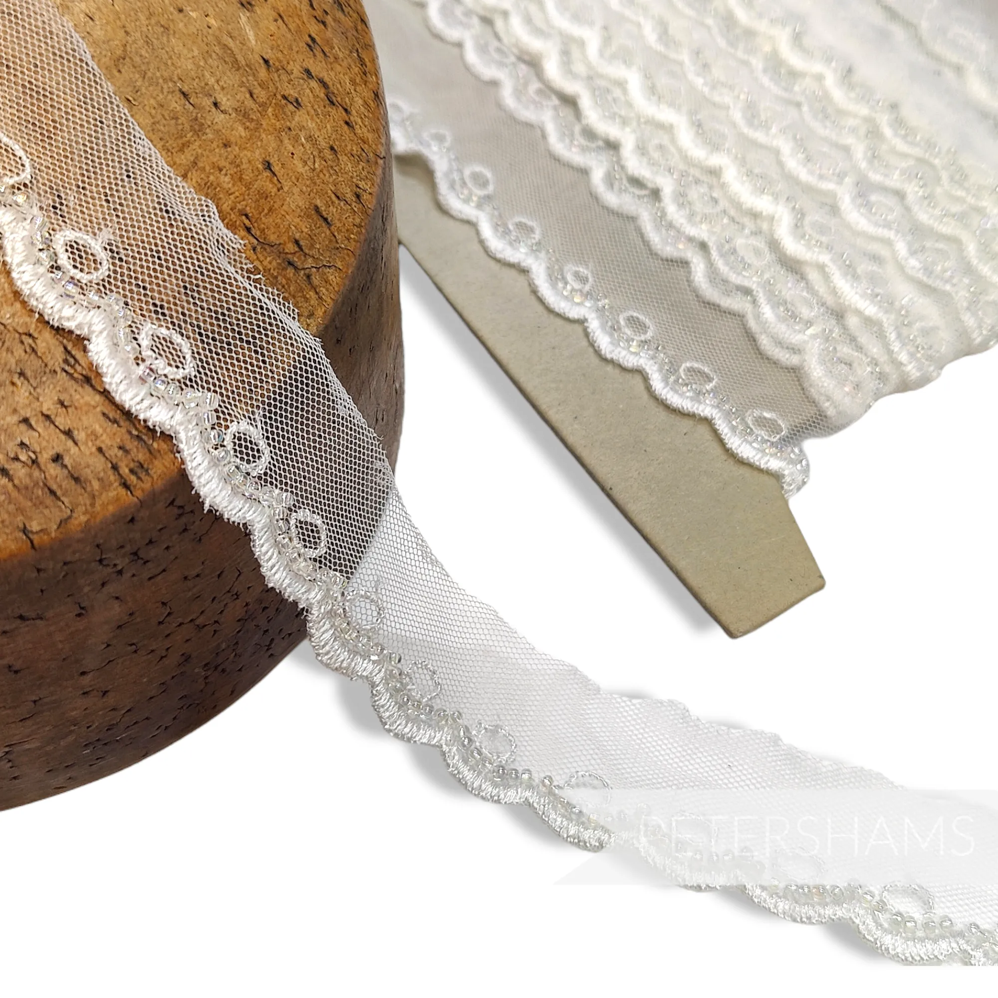 Scalloped Edge Beaded 25mm Embroidered Tulle Trim - 1m