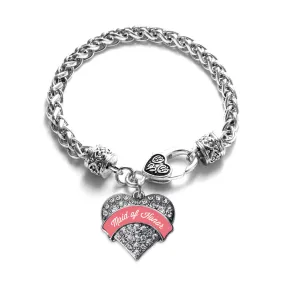 Silver Coral Maid of Honor Pave Heart Charm Braided Bracelet