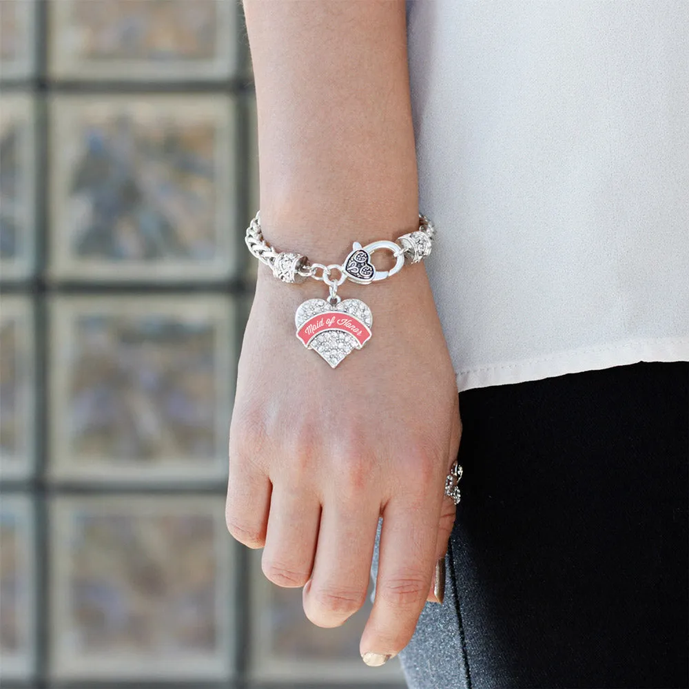 Silver Coral Maid of Honor Pave Heart Charm Braided Bracelet