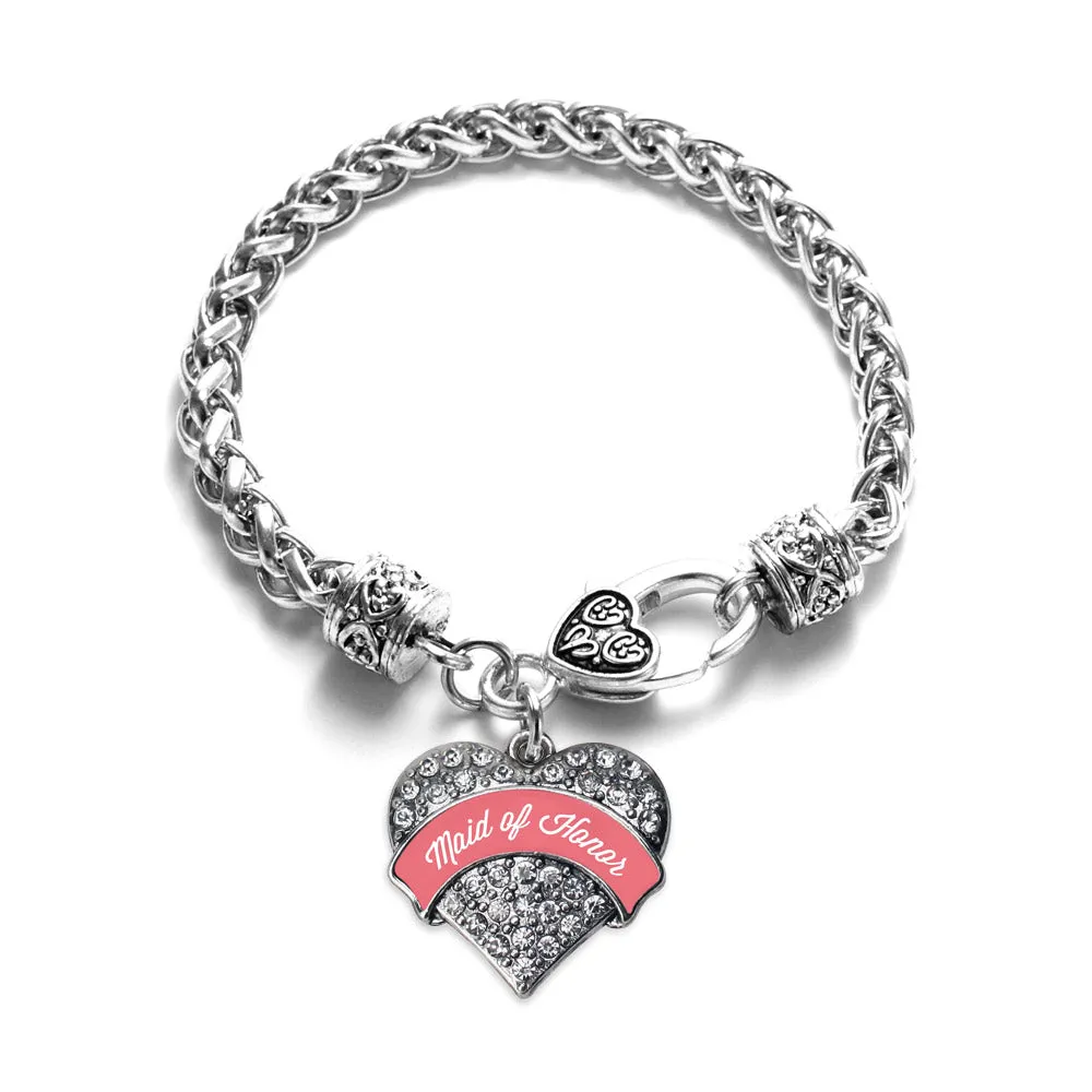 Silver Coral Maid of Honor Pave Heart Charm Braided Bracelet