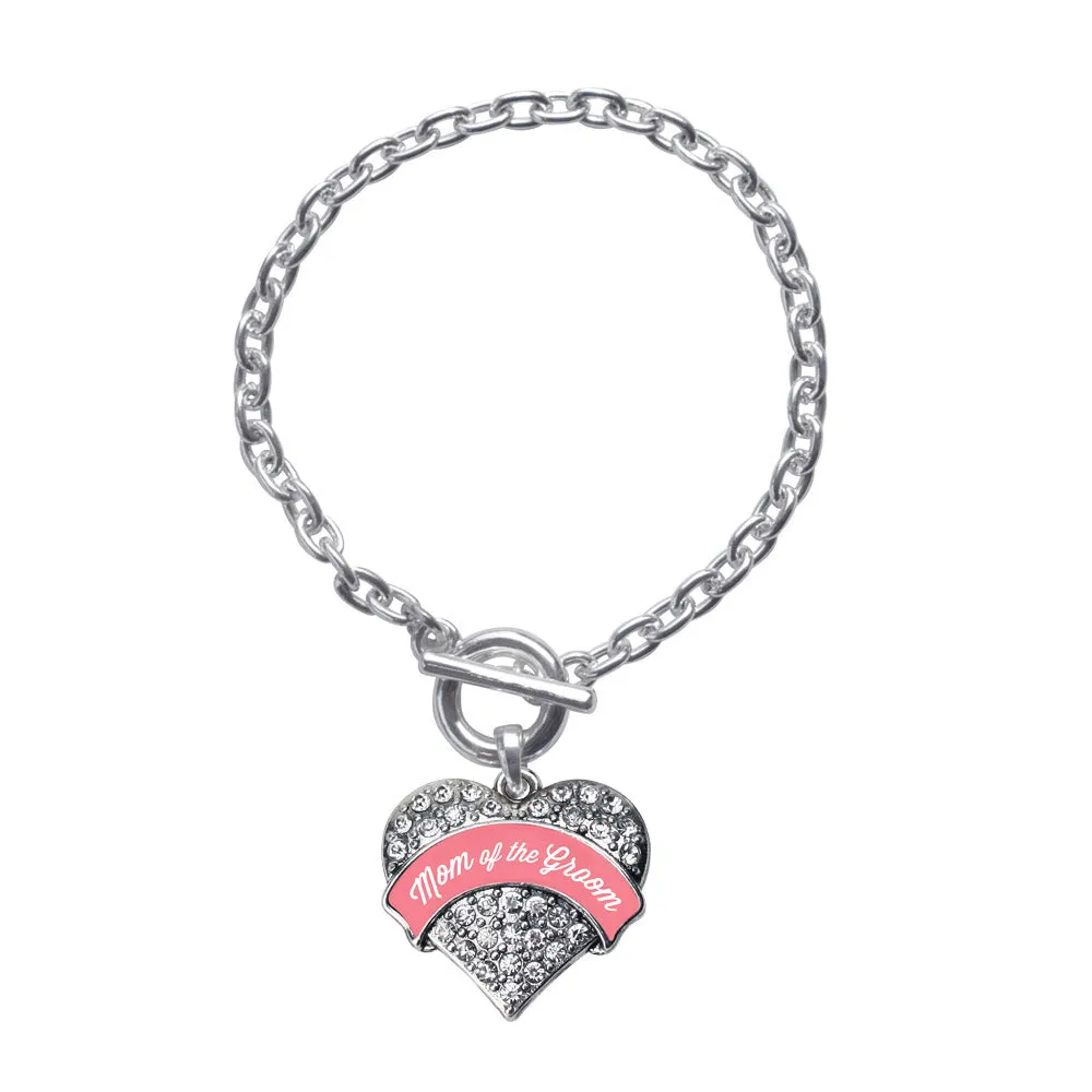 Silver Coral Mom of Groom Pave Heart Charm Toggle Bracelet