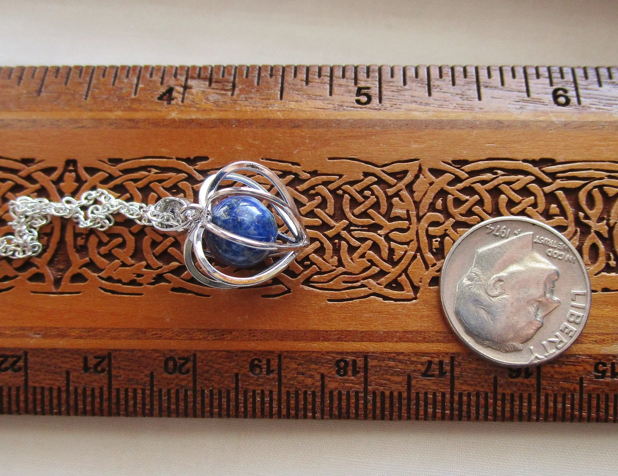 Silver Heart Cage Lapis Lazuli Crystal Sphere Pendant Necklace