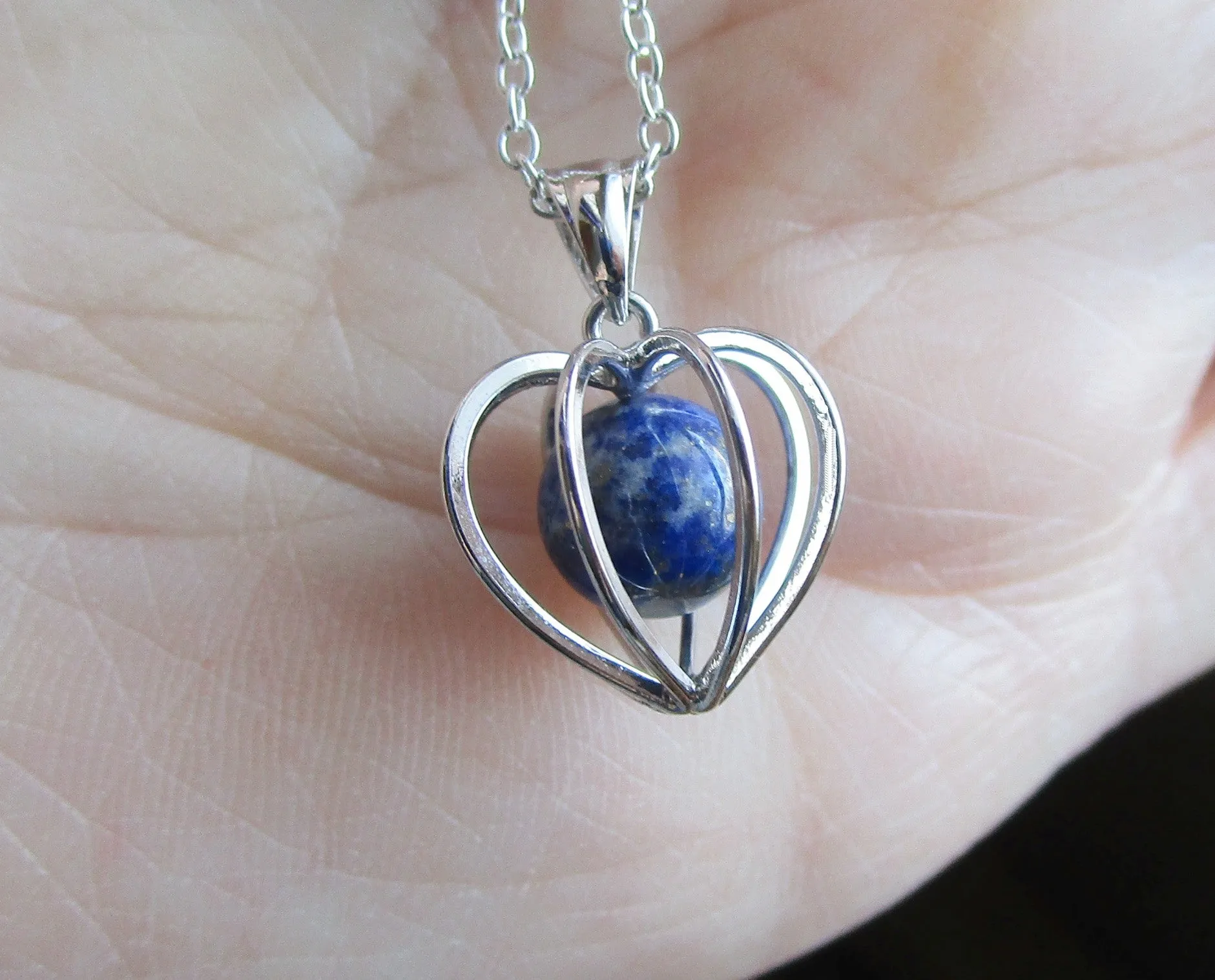 Silver Heart Cage Lapis Lazuli Crystal Sphere Pendant Necklace