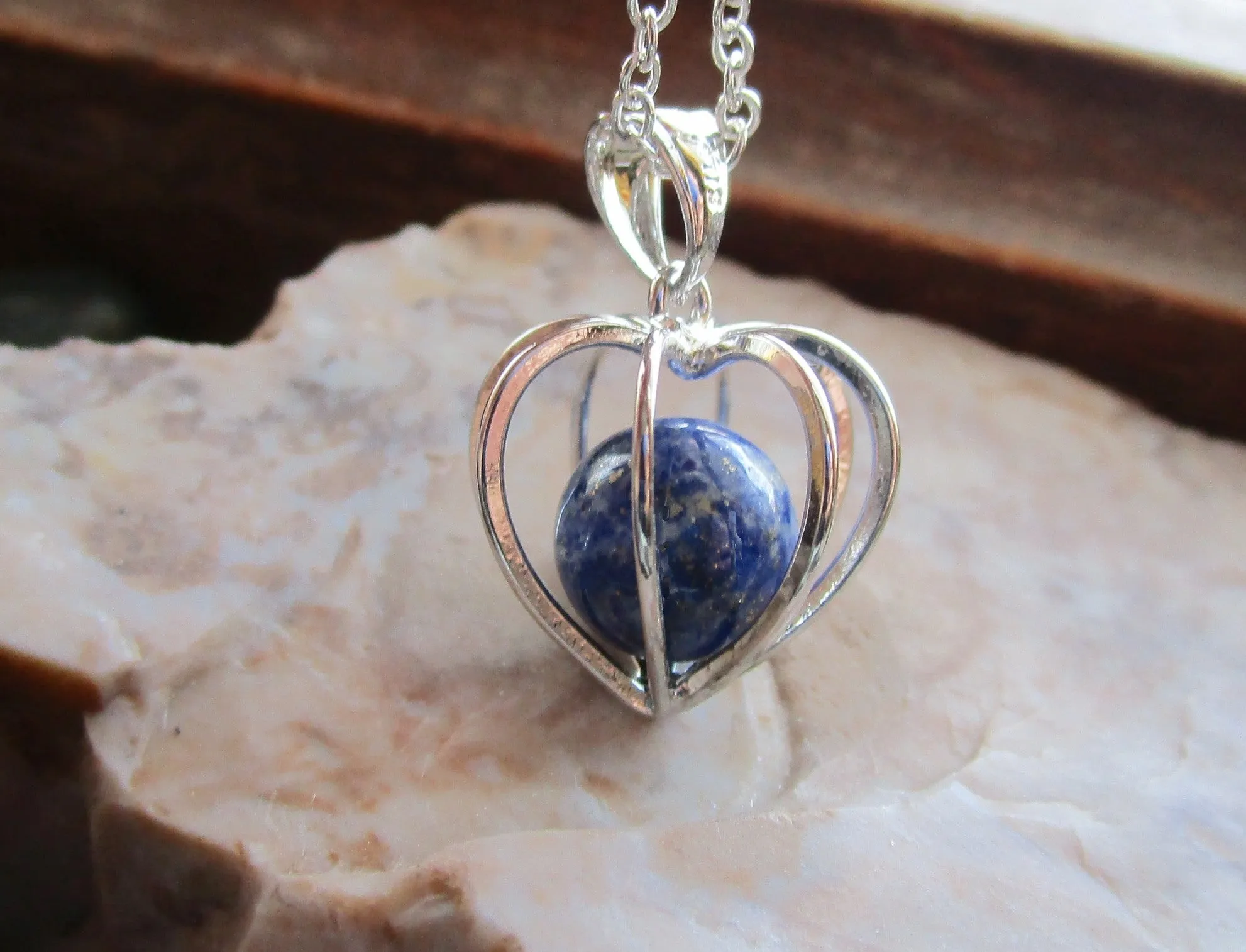 Silver Heart Cage Lapis Lazuli Crystal Sphere Pendant Necklace