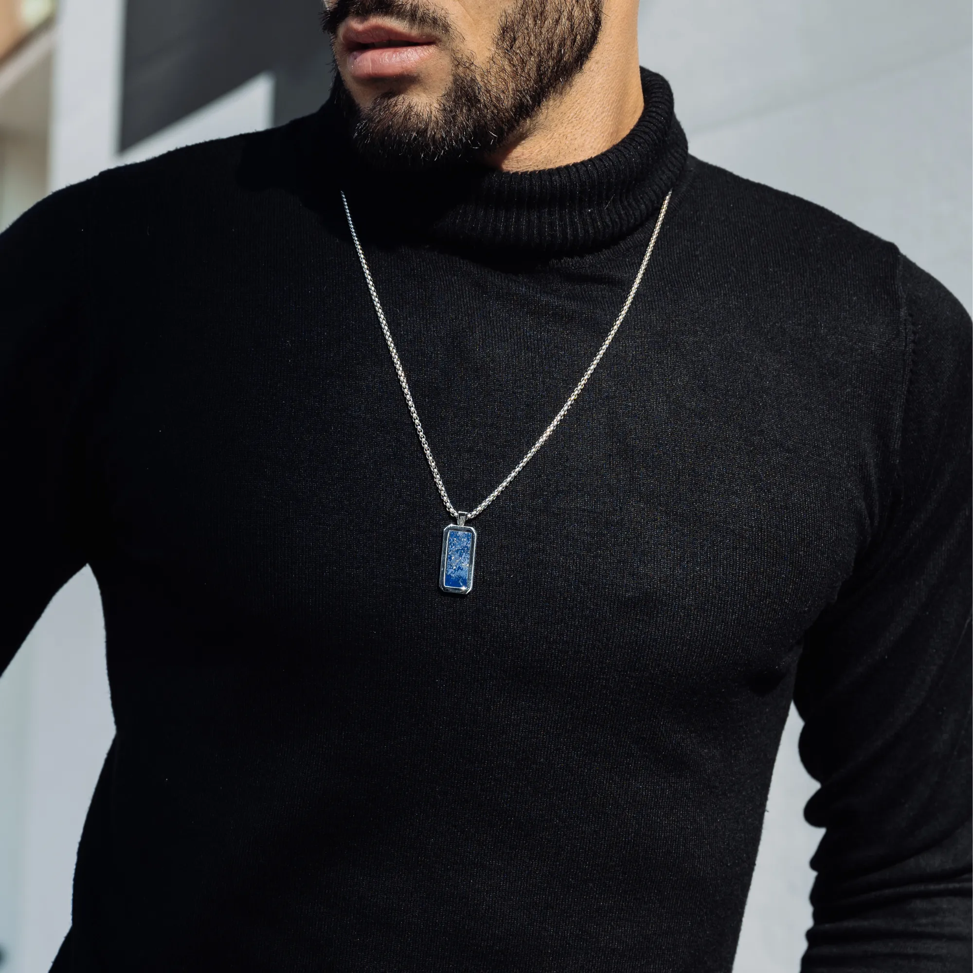 Silver Necklace with Rectangle Lapis Lazuli Pendant