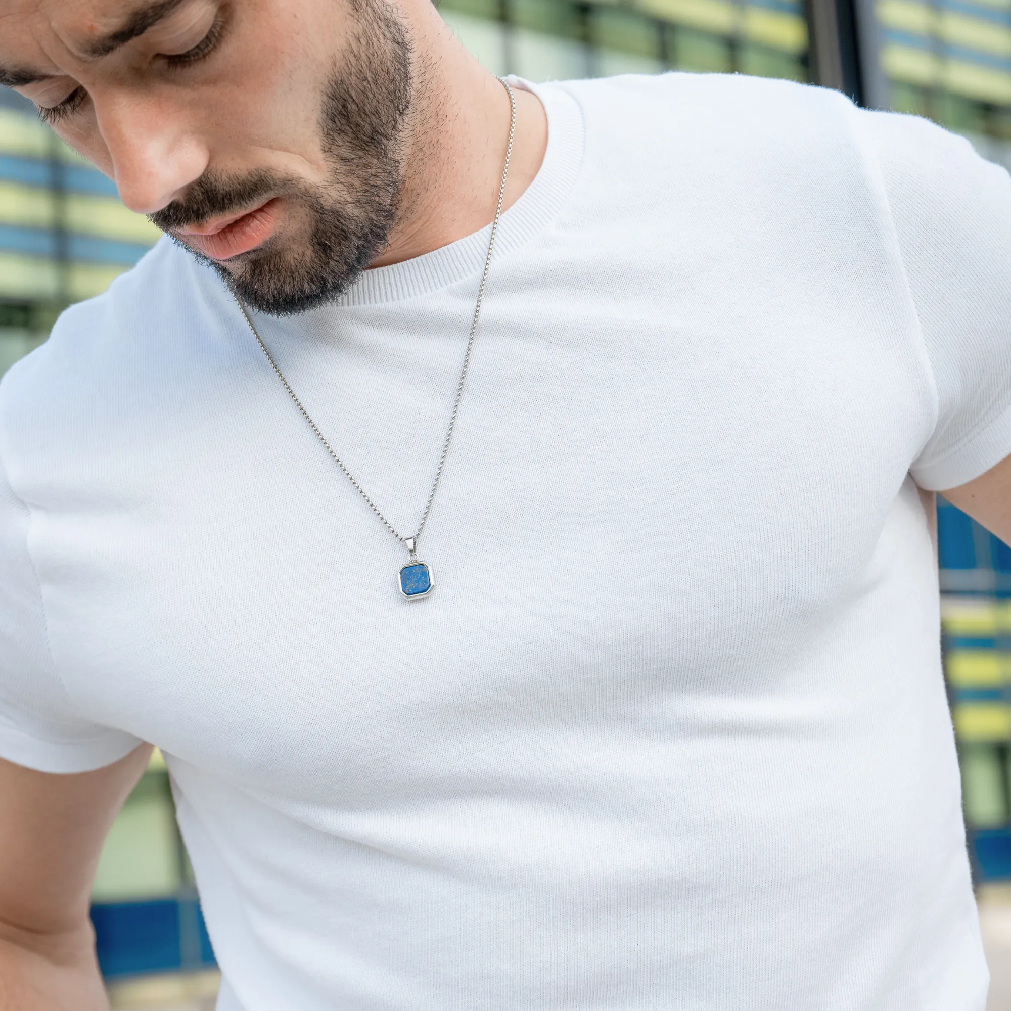 Silver Necklace with Square Lapis Lazuli Pendant