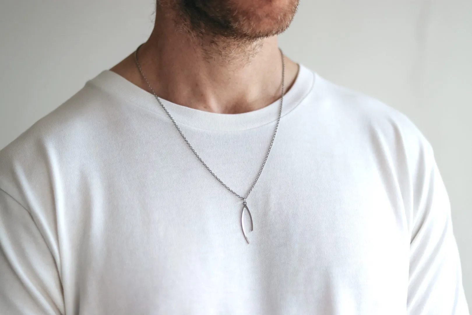 Silver Wishbone necklace for men, stainless steel chain necklace