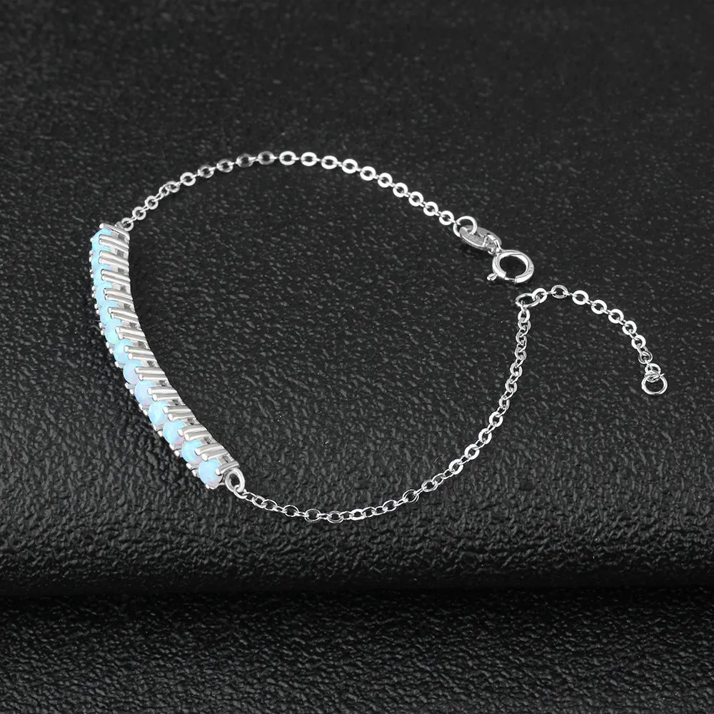 Single Row of Round Blue Opal Sterling Silver Bracelet