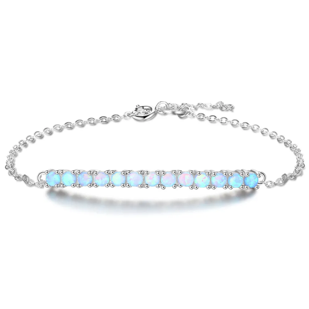 Single Row of Round Blue Opal Sterling Silver Bracelet