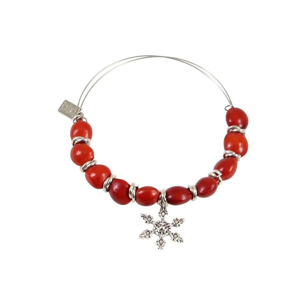 Snowflake Holiday Christmas Charm Adjustable Bangle/Bracelet for Women w/Huayruro Red Seed Beads