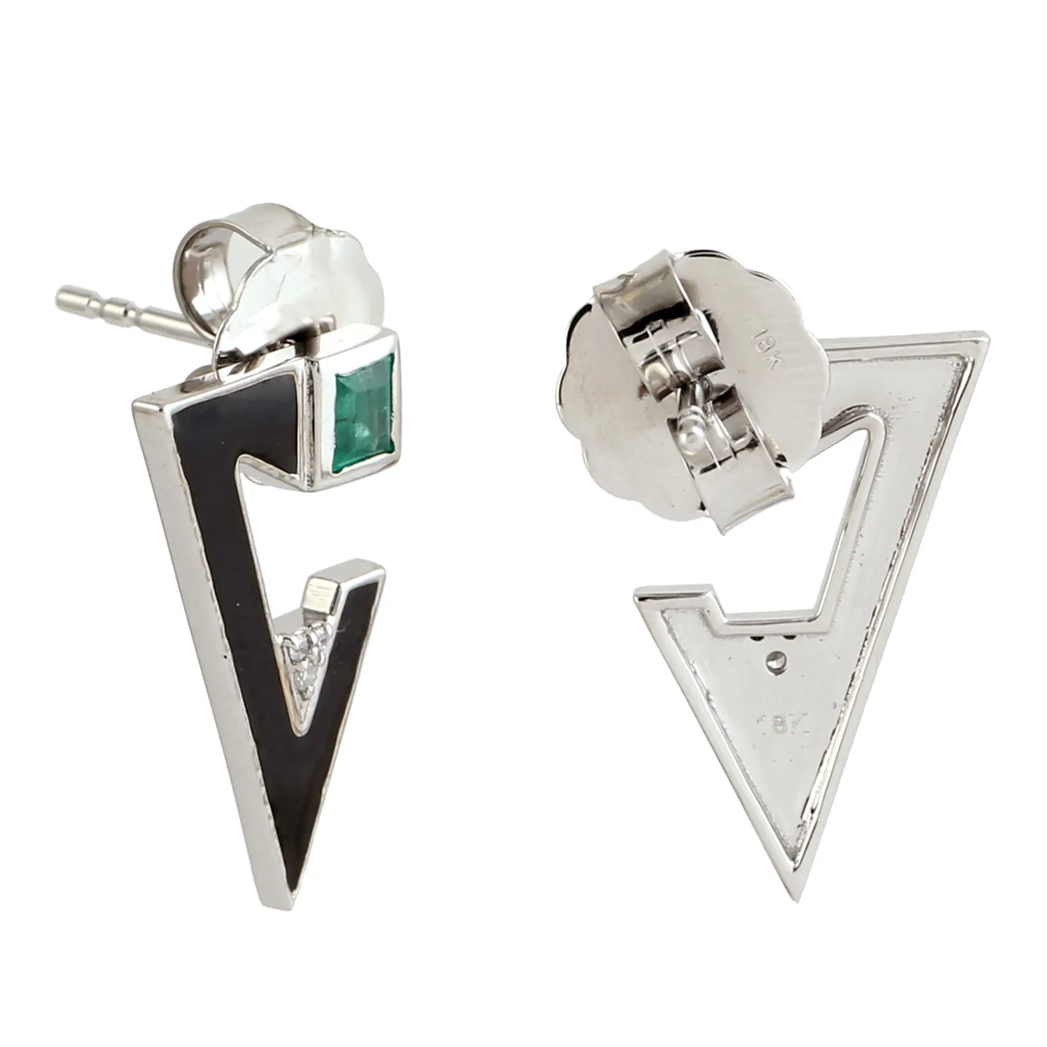 Square Cut Emerald Pave Diamond Triangle Enamel Stud Earrings In 18k White Gold