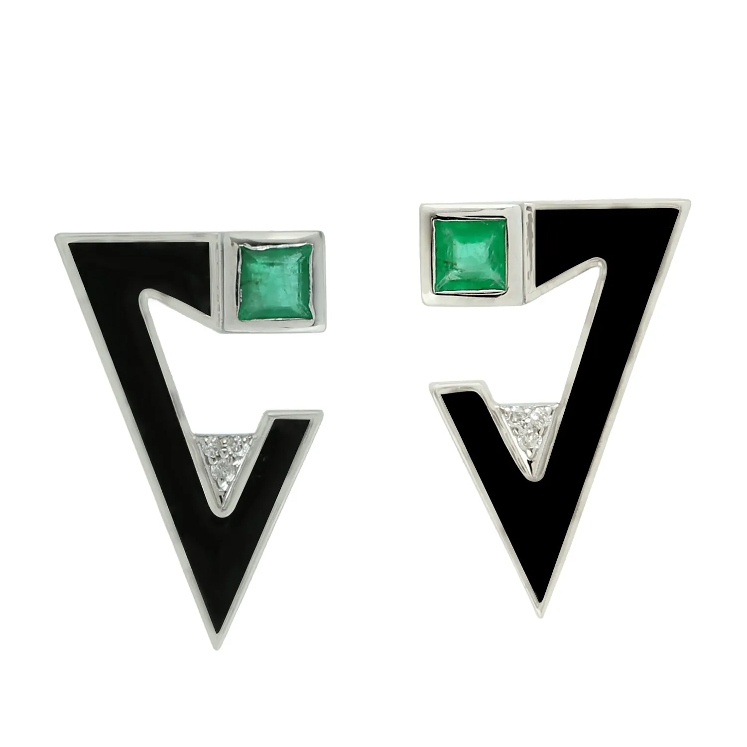 Square Cut Emerald Pave Diamond Triangle Enamel Stud Earrings In 18k White Gold