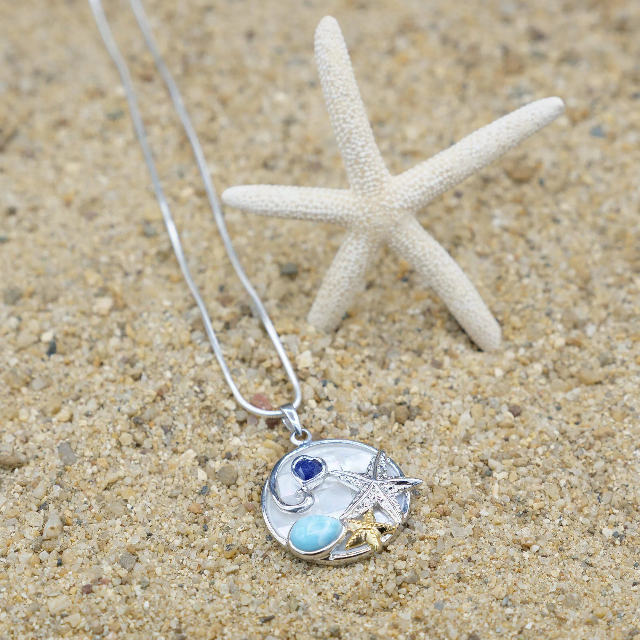 Starfish Necklace with Larimar, Lapis Lazuli and Mother of Pearl