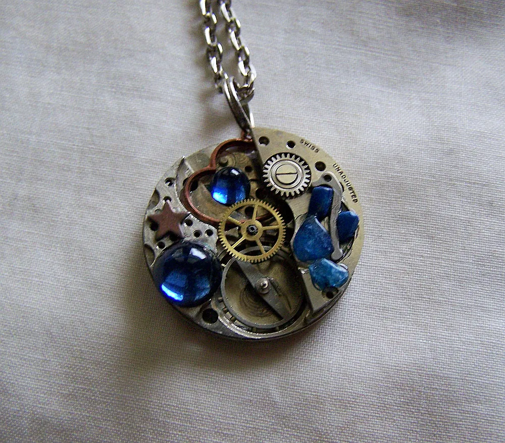 Steampunk Watchworks with Blue Jewels Jewelry Pendant