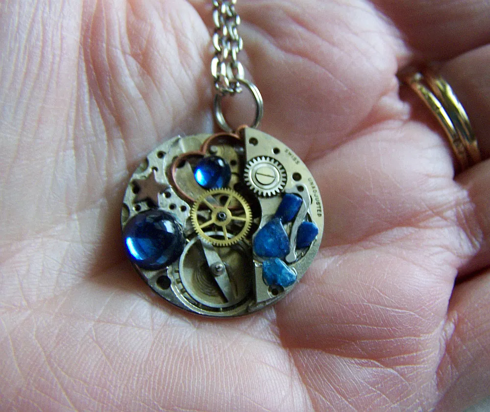 Steampunk Watchworks with Blue Jewels Jewelry Pendant