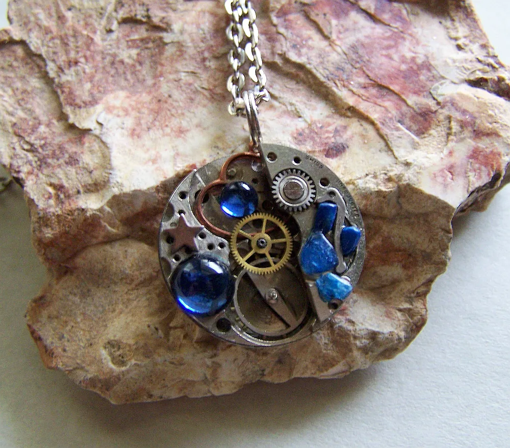 Steampunk Watchworks with Blue Jewels Jewelry Pendant