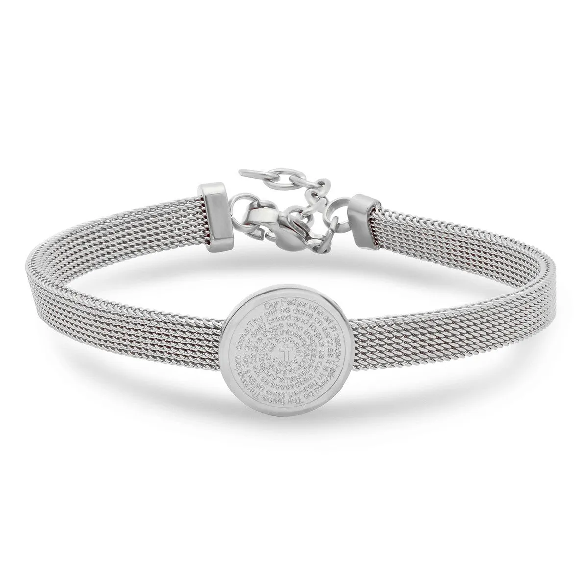 SteelTime Solitaire Charm Our Father Prayer Mesh Bracelet