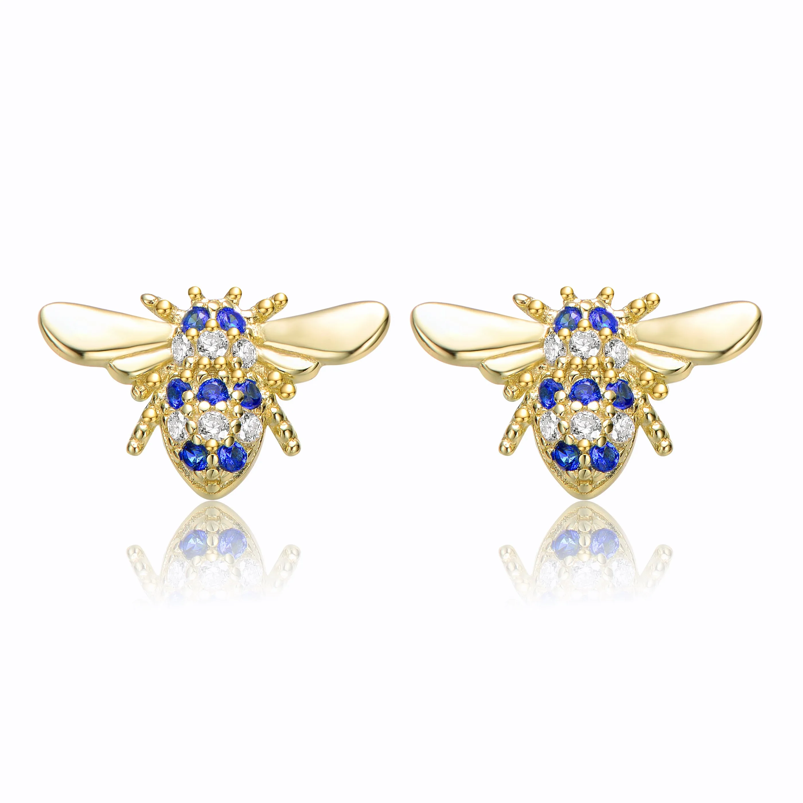 Sterling Silver 14k Yellow Gold Plated with Cubic Zirconia Pave Wasp Stud Earrings