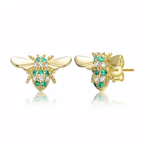 Sterling Silver 14k Yellow Gold Plated with Cubic Zirconia Pave Wasp Stud Earrings