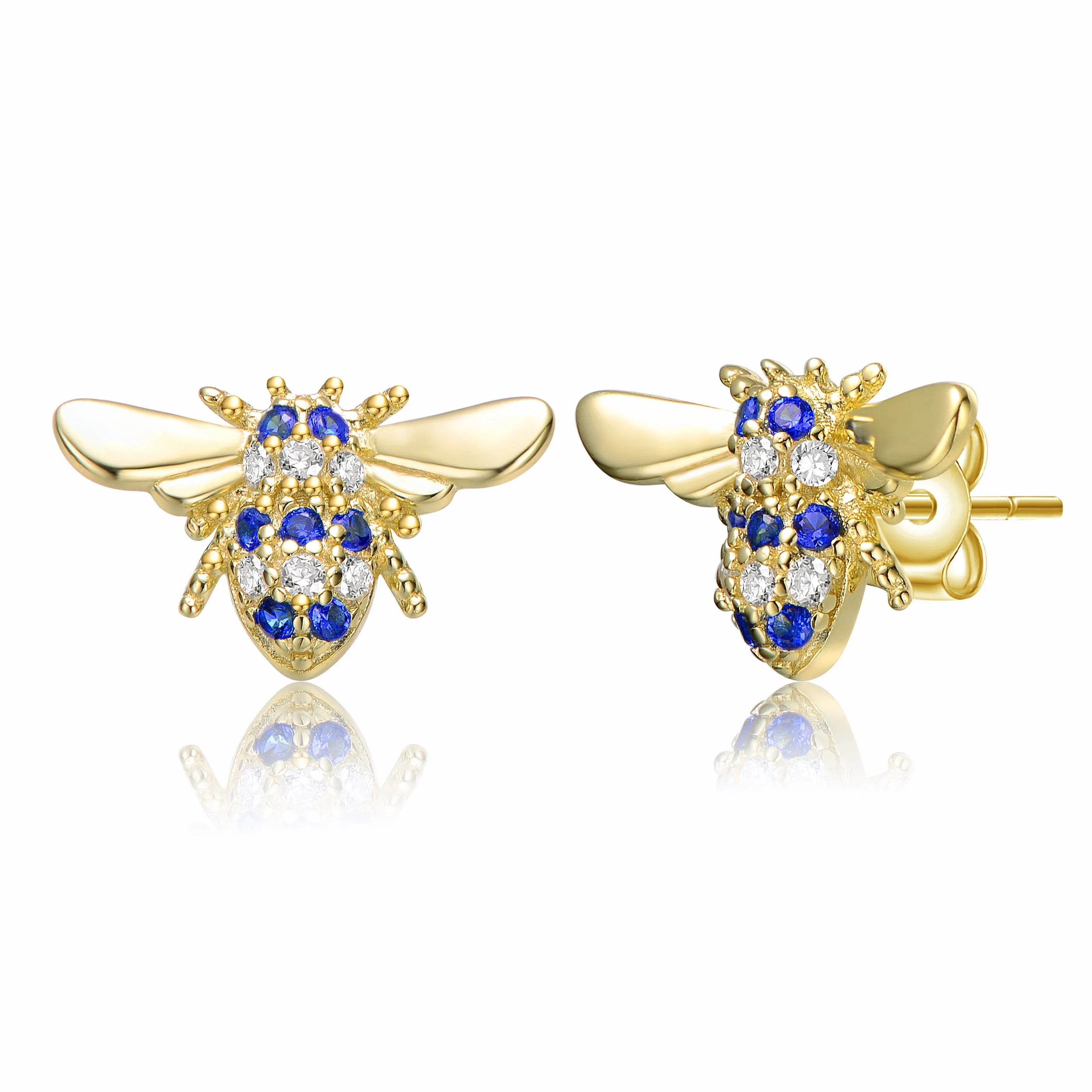 Sterling Silver 14k Yellow Gold Plated with Cubic Zirconia Pave Wasp Stud Earrings