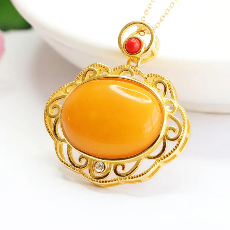 Sterling Silver Beeswax Amber Pendant Necklace with Auspicious Cloud Design