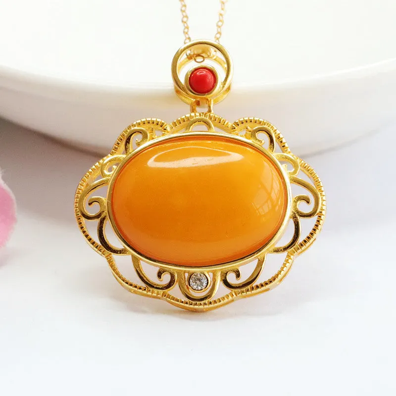 Sterling Silver Beeswax Amber Pendant Necklace with Auspicious Cloud Design