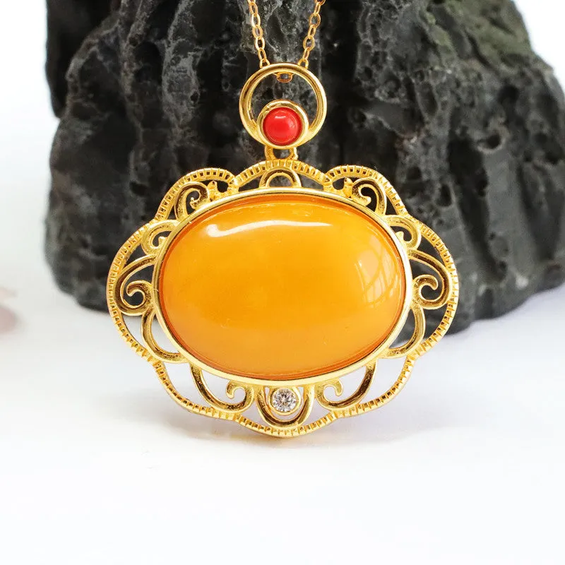 Sterling Silver Beeswax Amber Pendant Necklace with Auspicious Cloud Design