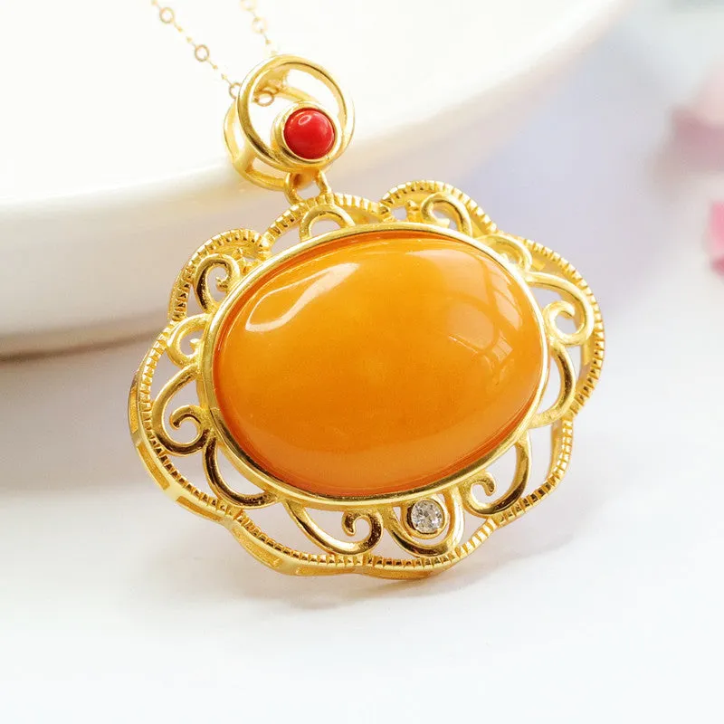 Sterling Silver Beeswax Amber Pendant Necklace with Auspicious Cloud Design