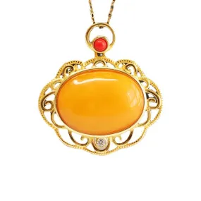 Sterling Silver Beeswax Amber Pendant Necklace with Auspicious Cloud Design