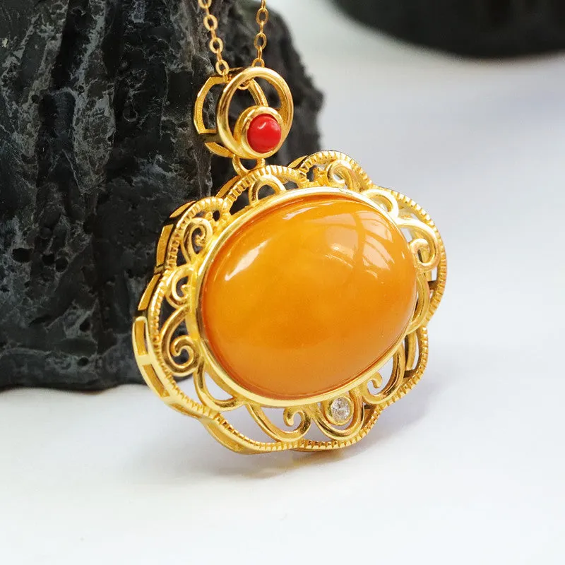 Sterling Silver Beeswax Amber Pendant Necklace with Auspicious Cloud Design