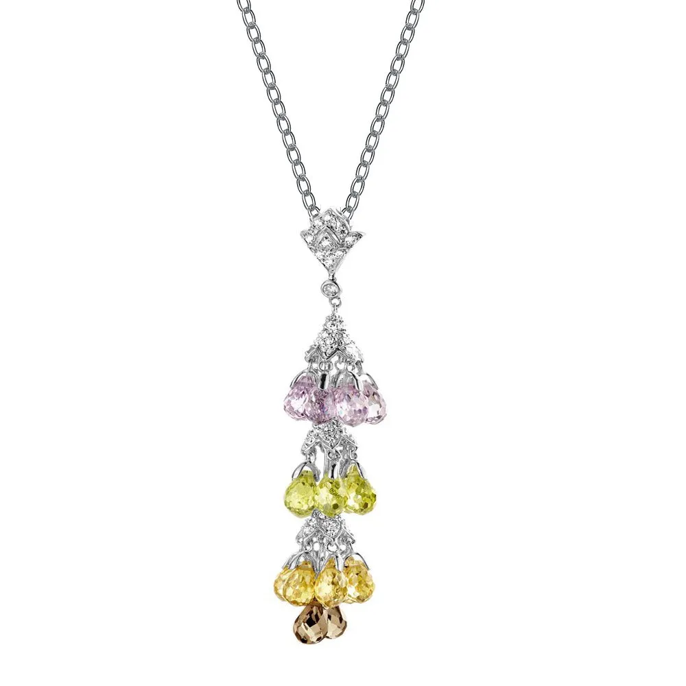 Sterling Silver Cubic Zirconia Gold Plating Clear and Yellow Light Pink and Burnt Amber Cubic Zirconia Dangling Pendant Necklace