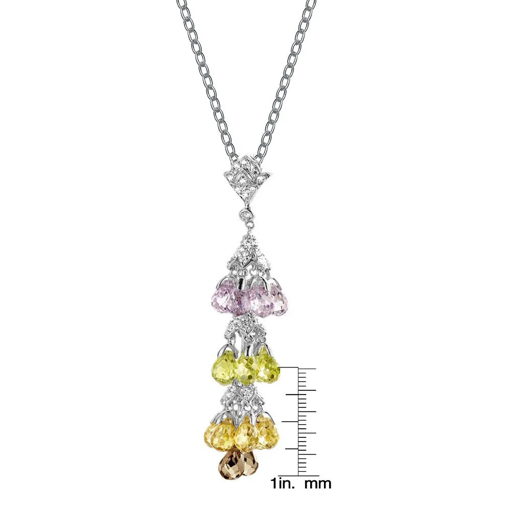 Sterling Silver Cubic Zirconia Gold Plating Clear and Yellow Light Pink and Burnt Amber Cubic Zirconia Dangling Pendant Necklace