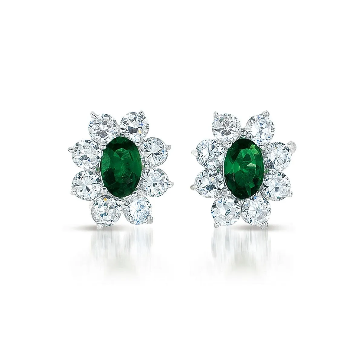 Sterling Silver Emerald Cubic Zirconia Flower Stud Earrings