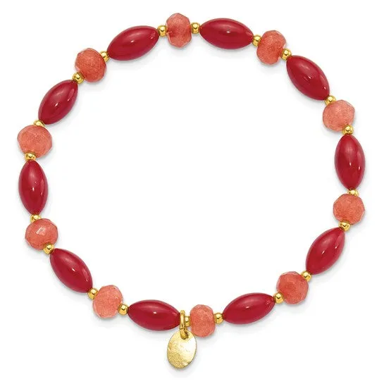 Sterling Silver Gold-plated Coral and Jade Beaded Stretch Bracelet