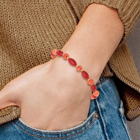 Sterling Silver Gold-plated Coral and Jade Beaded Stretch Bracelet