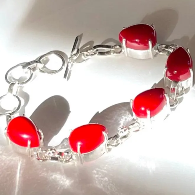 Sterling Silver Italian Red Coral Gemstone Chain Bracelet 7”- 8”