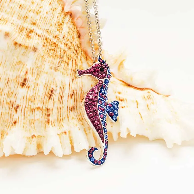 Sterling Silver Sapphire and Amethyst Crystal Seahorse Necklace