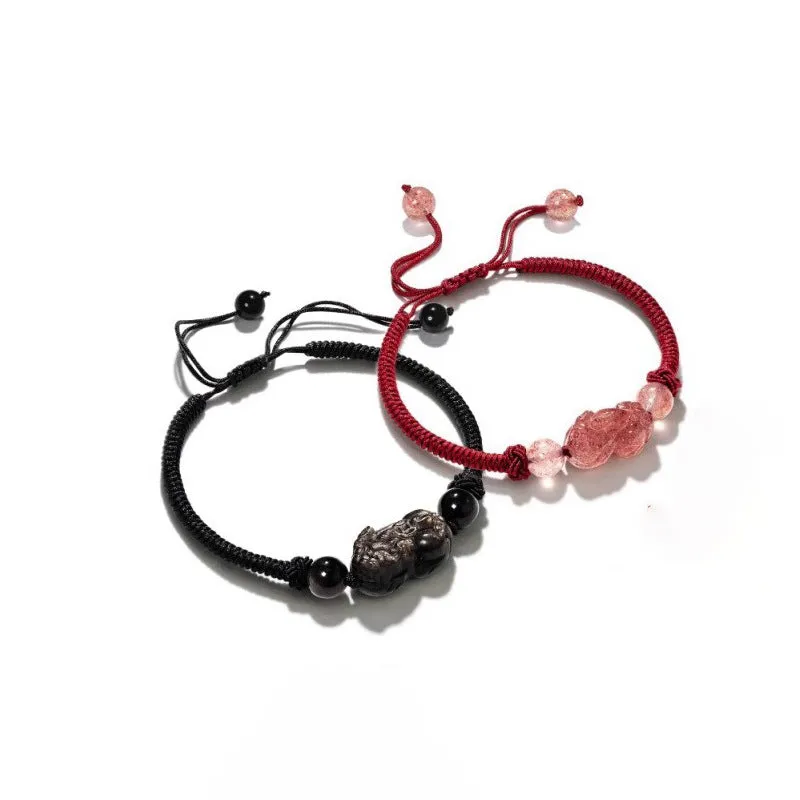 Strawberry Crystal Pixiu Swallowing Gold Beast Sterling Silver Obsidian Couple Bracelet