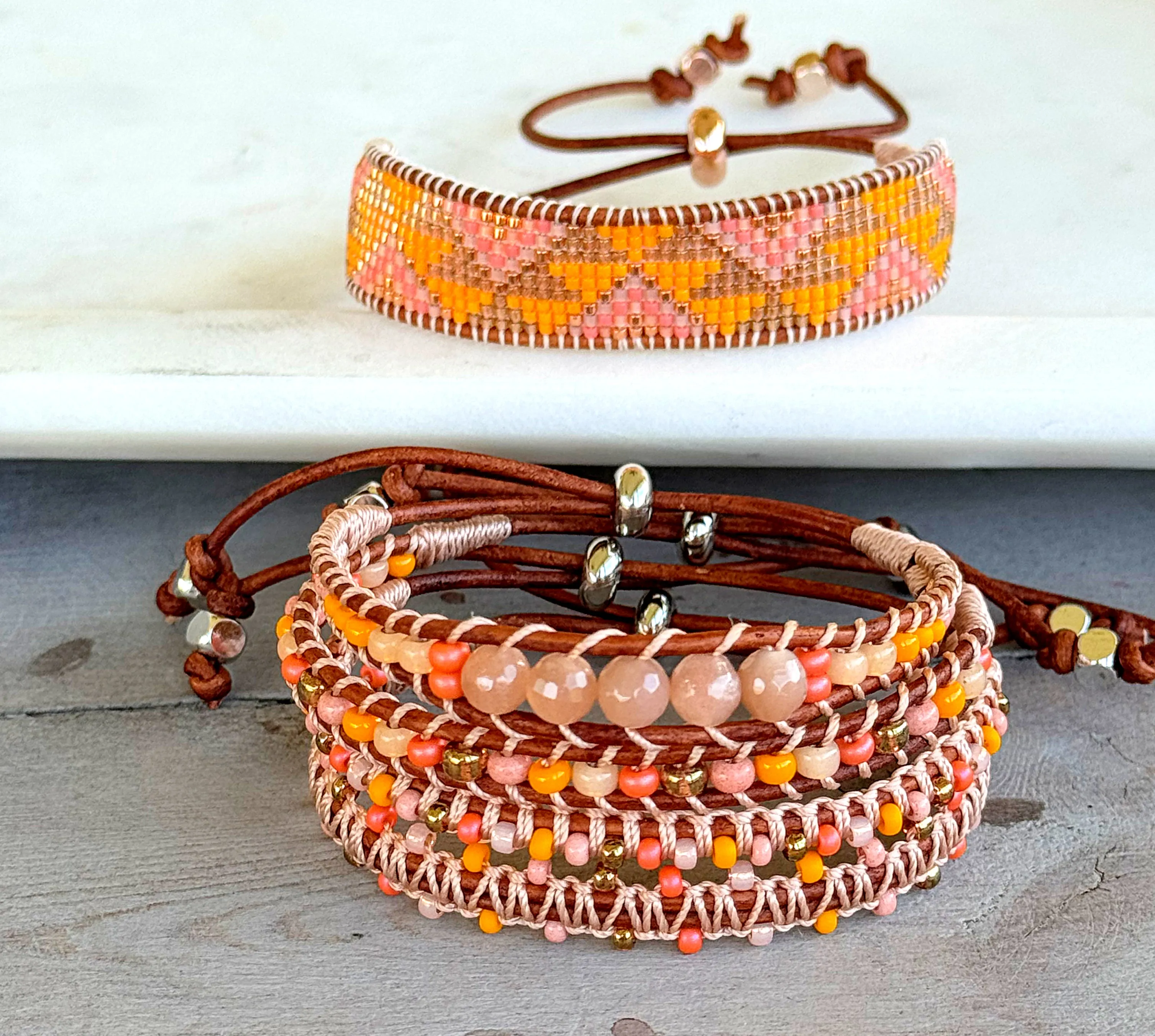 Sunshine, Peach Fuzz, and Coral Loom woven western beaded friendship bracelet