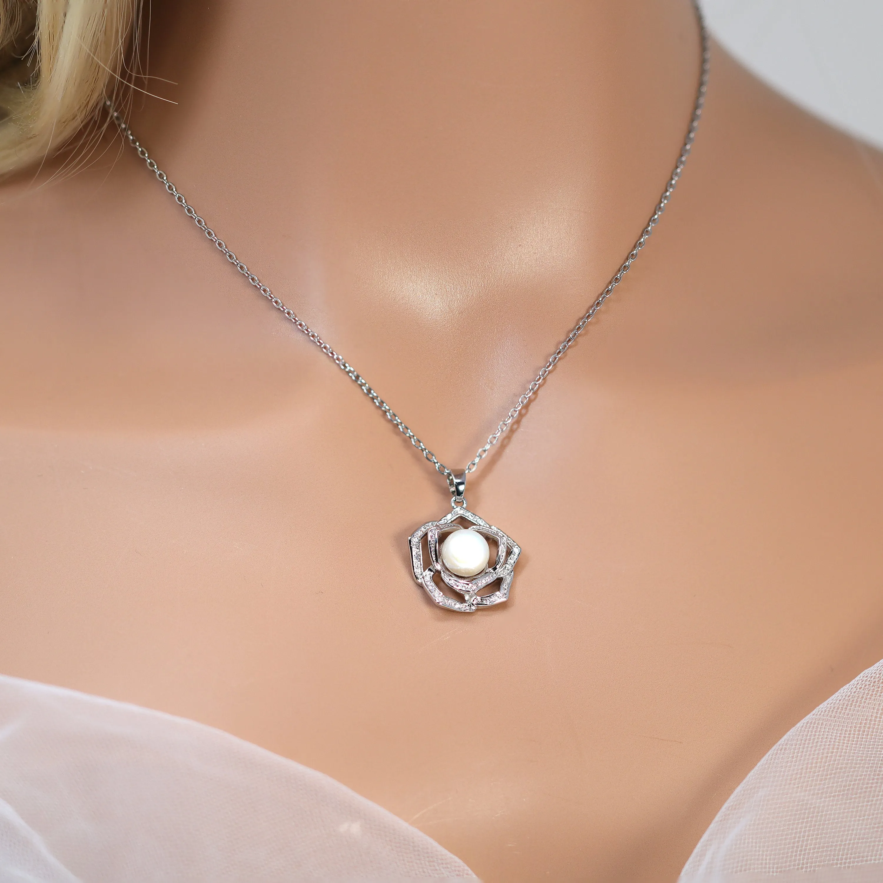 Swarovski Crystal Dainty Rose Flower Pearl Necklace Set , Bridal Jewelry, Bridal Earrings And Necklace, Statement Earrings Cz, Necklace Set