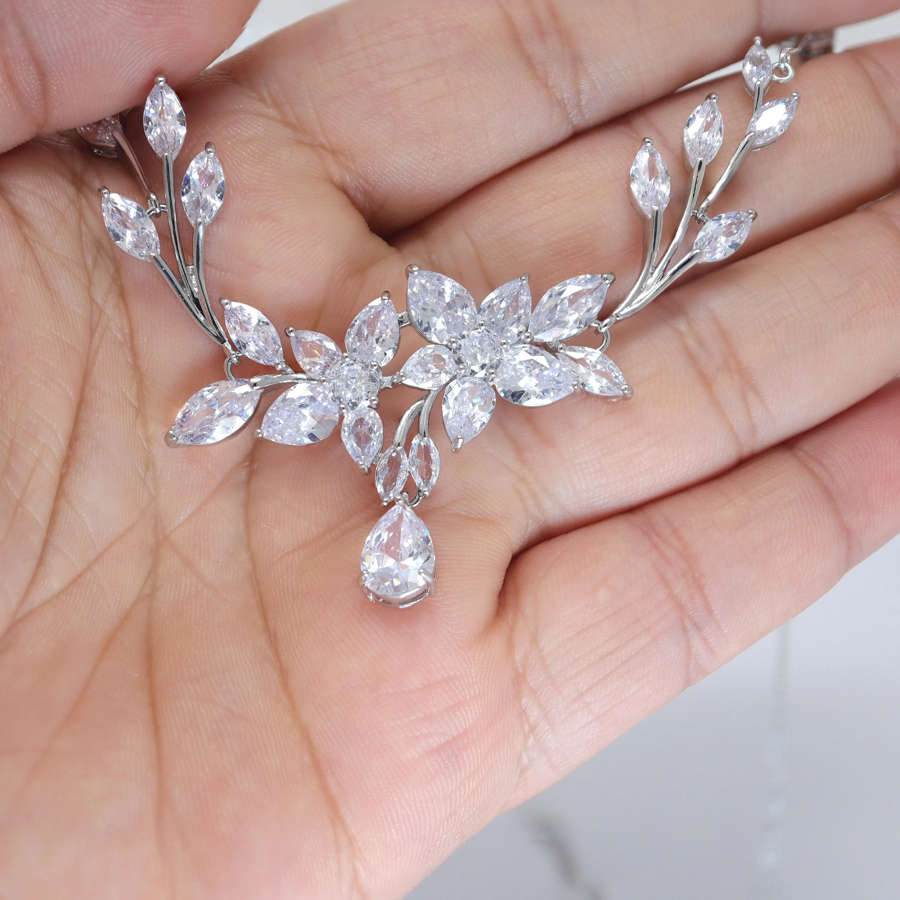 Swarovski Crystal Two Flower Vine Leaves Necklace, Long Bridal Jewelry, Bridal Earrings And Necklace, Statement Earrings Cz Necklace Set.