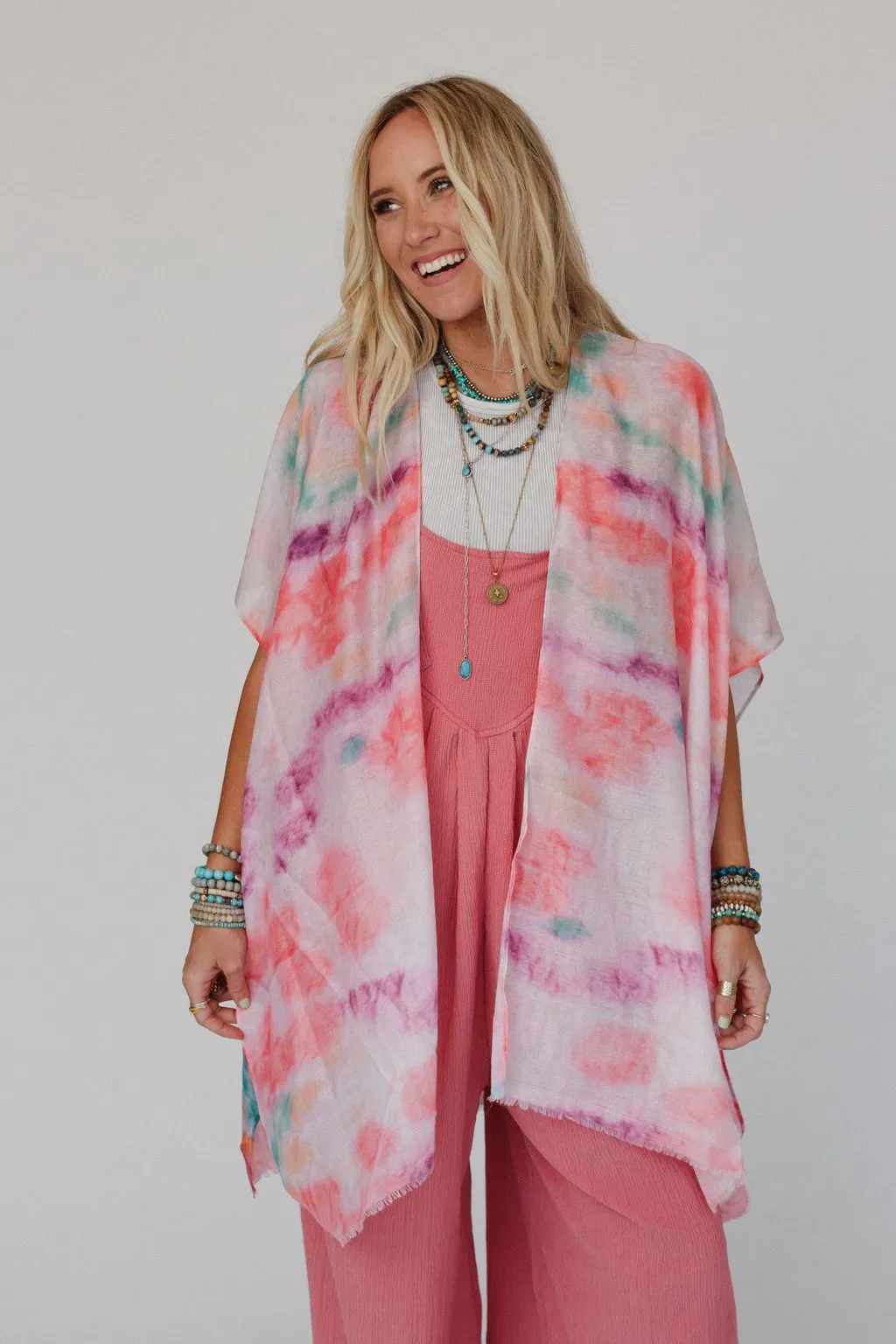 Swirling Sky Kimono - Coral