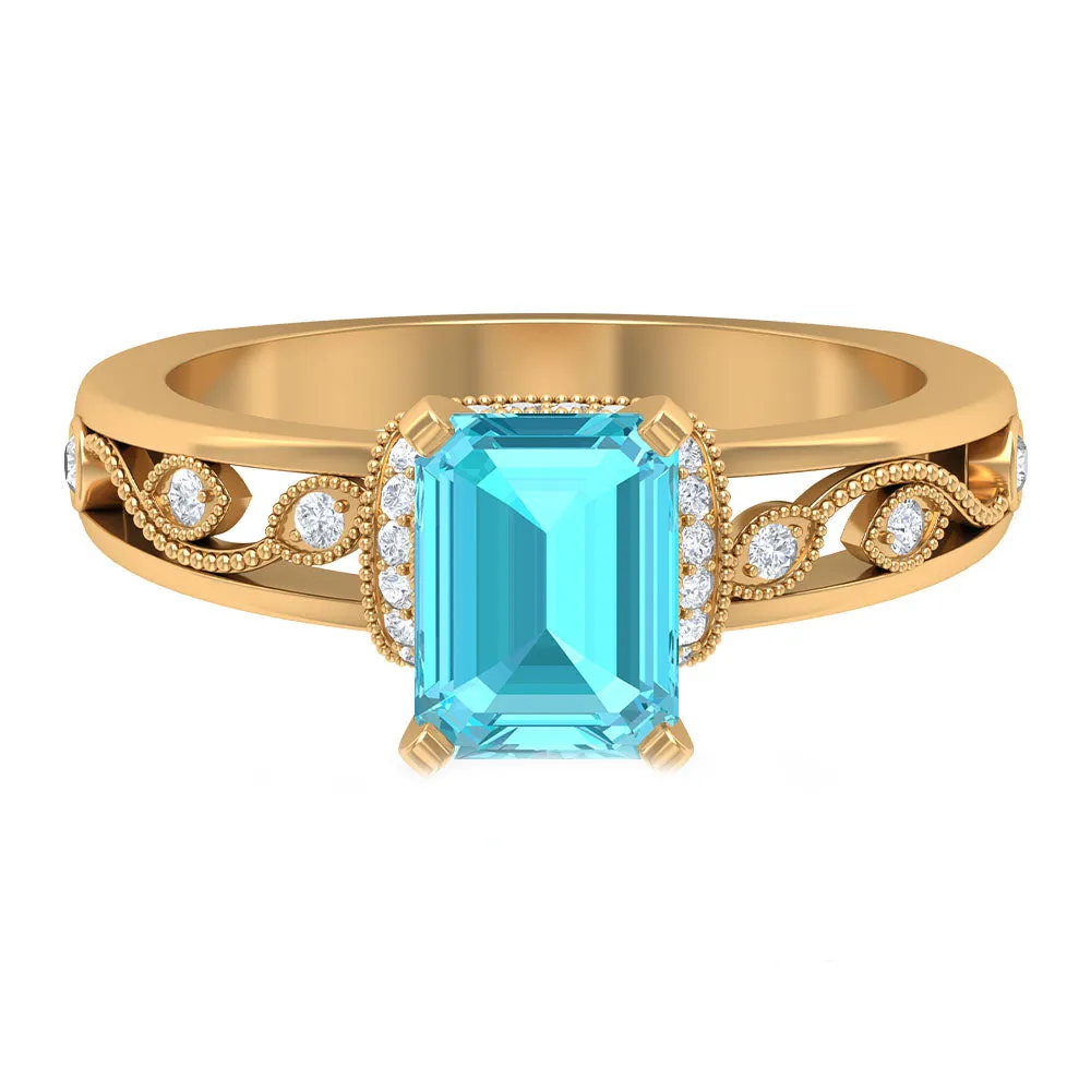 Swiss Blue Topaz Solitaire Ring with Diamond Accent and Milgrain Details