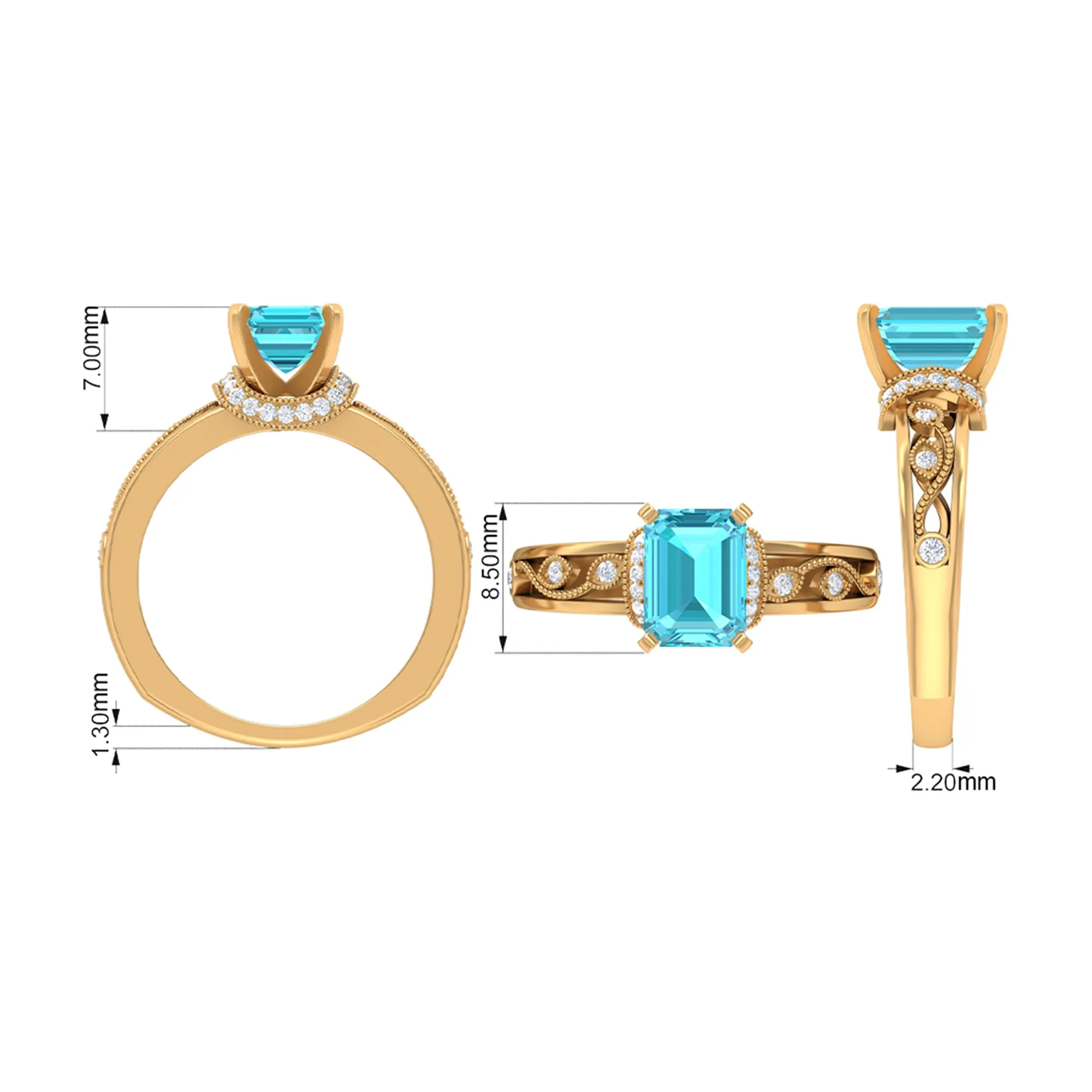 Swiss Blue Topaz Solitaire Ring with Diamond Accent and Milgrain Details