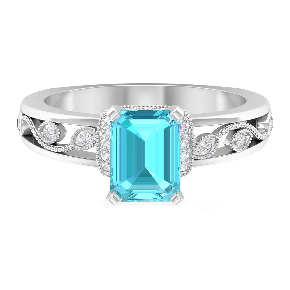 Swiss Blue Topaz Solitaire Ring with Diamond Accent and Milgrain Details