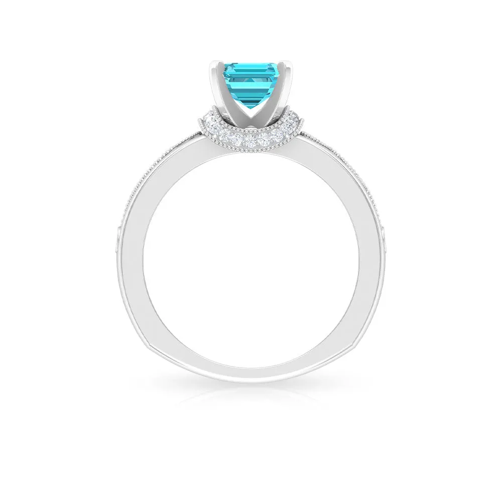 Swiss Blue Topaz Solitaire Ring with Diamond Accent and Milgrain Details