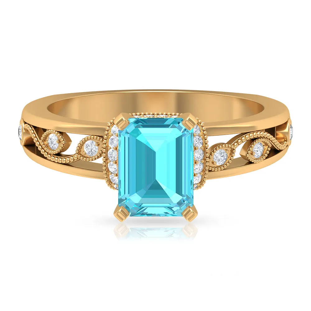 Swiss Blue Topaz Solitaire Ring with Diamond Accent and Milgrain Details