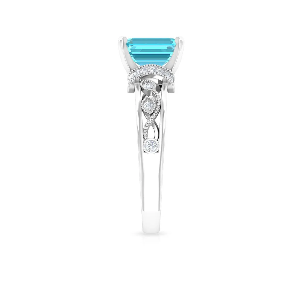 Swiss Blue Topaz Solitaire Ring with Diamond Accent and Milgrain Details