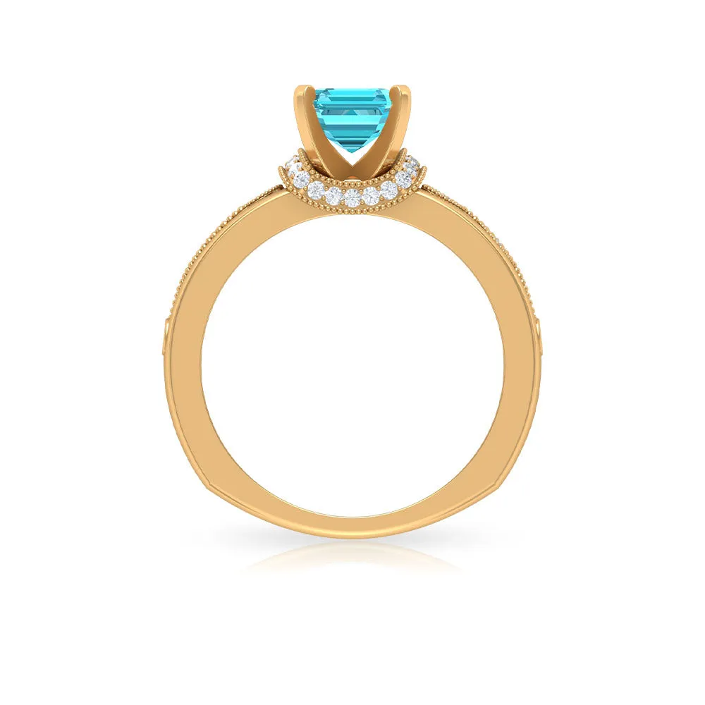 Swiss Blue Topaz Solitaire Ring with Diamond Accent and Milgrain Details