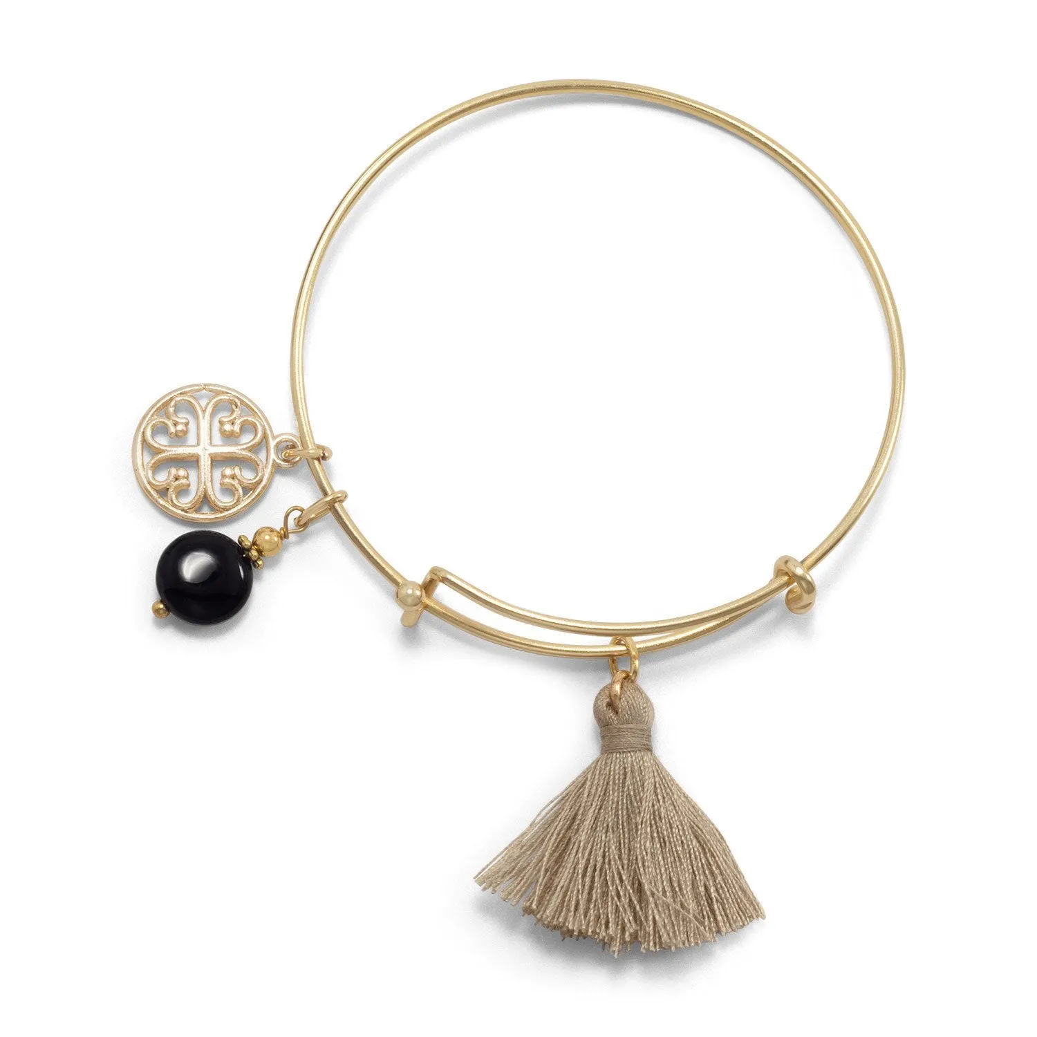 Tan Tassel and Black Onyx Charm Gold Tone Expandable Bangle Bracelet